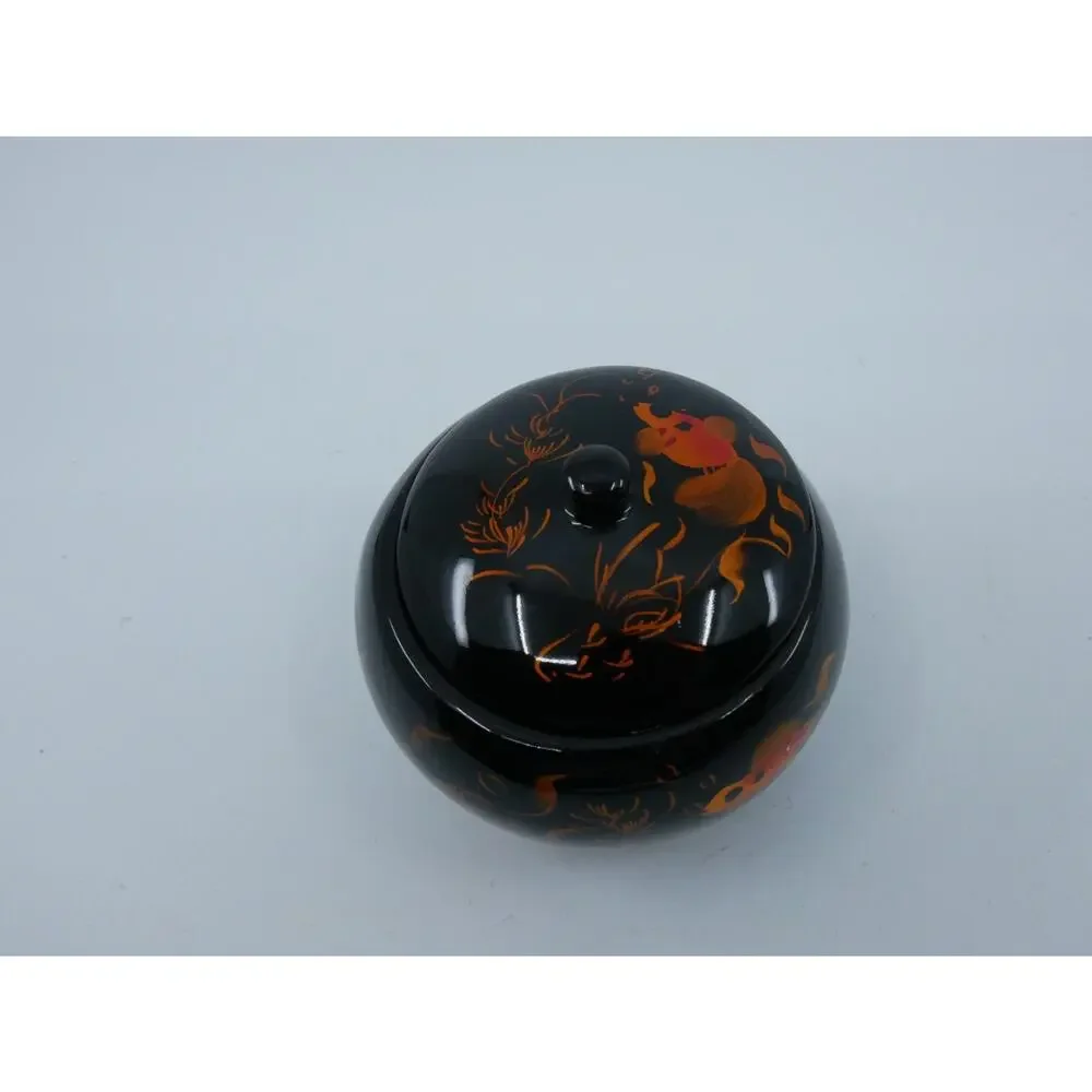 Round Lidded Lacquer Trinket Box Fancy Goldfish Hand Painted Designs Black Gloss